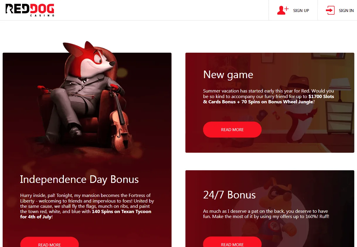 Red Dog Casino promotions screen on desktop