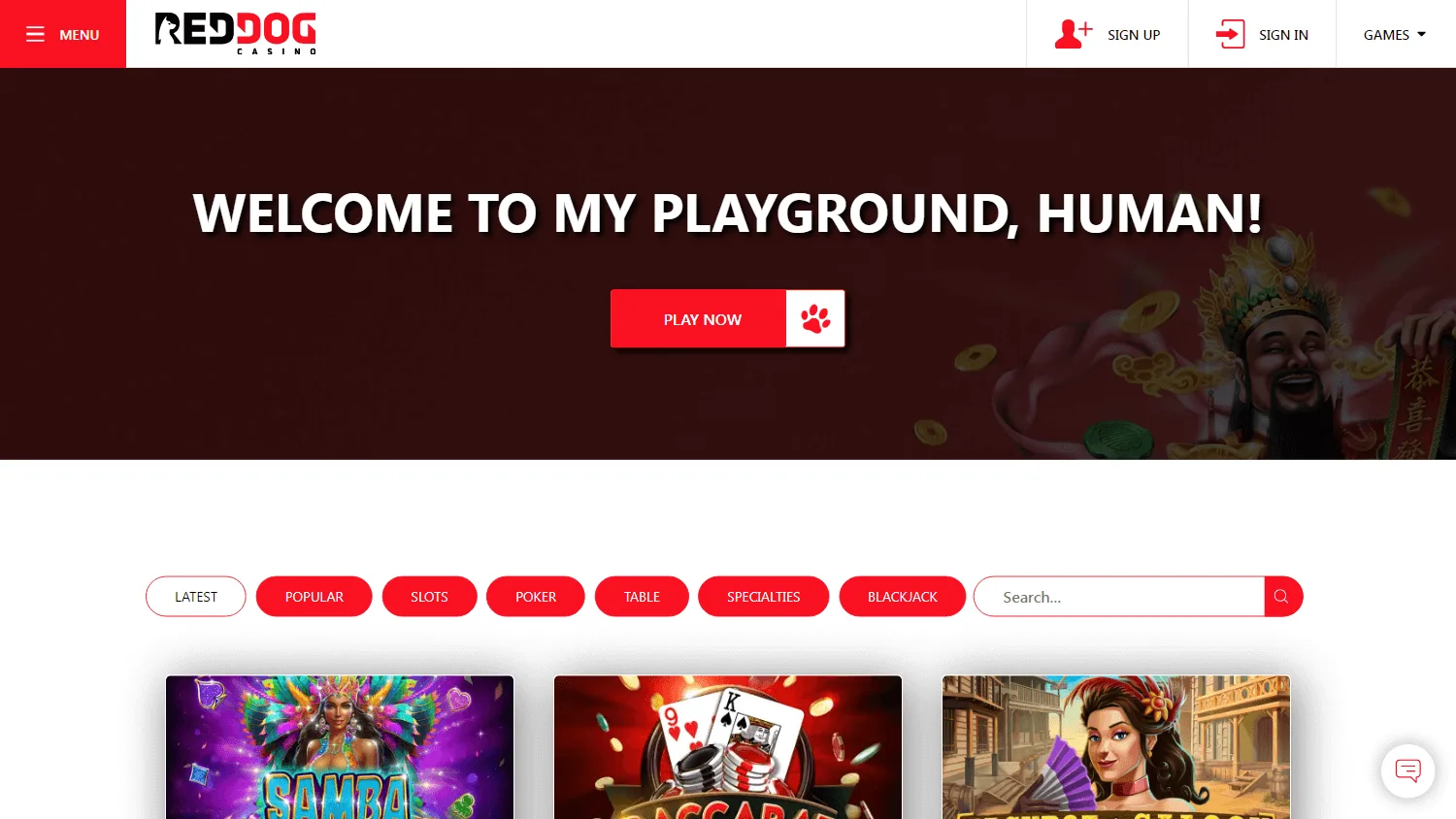 Red Dog Casino games screen on desktop