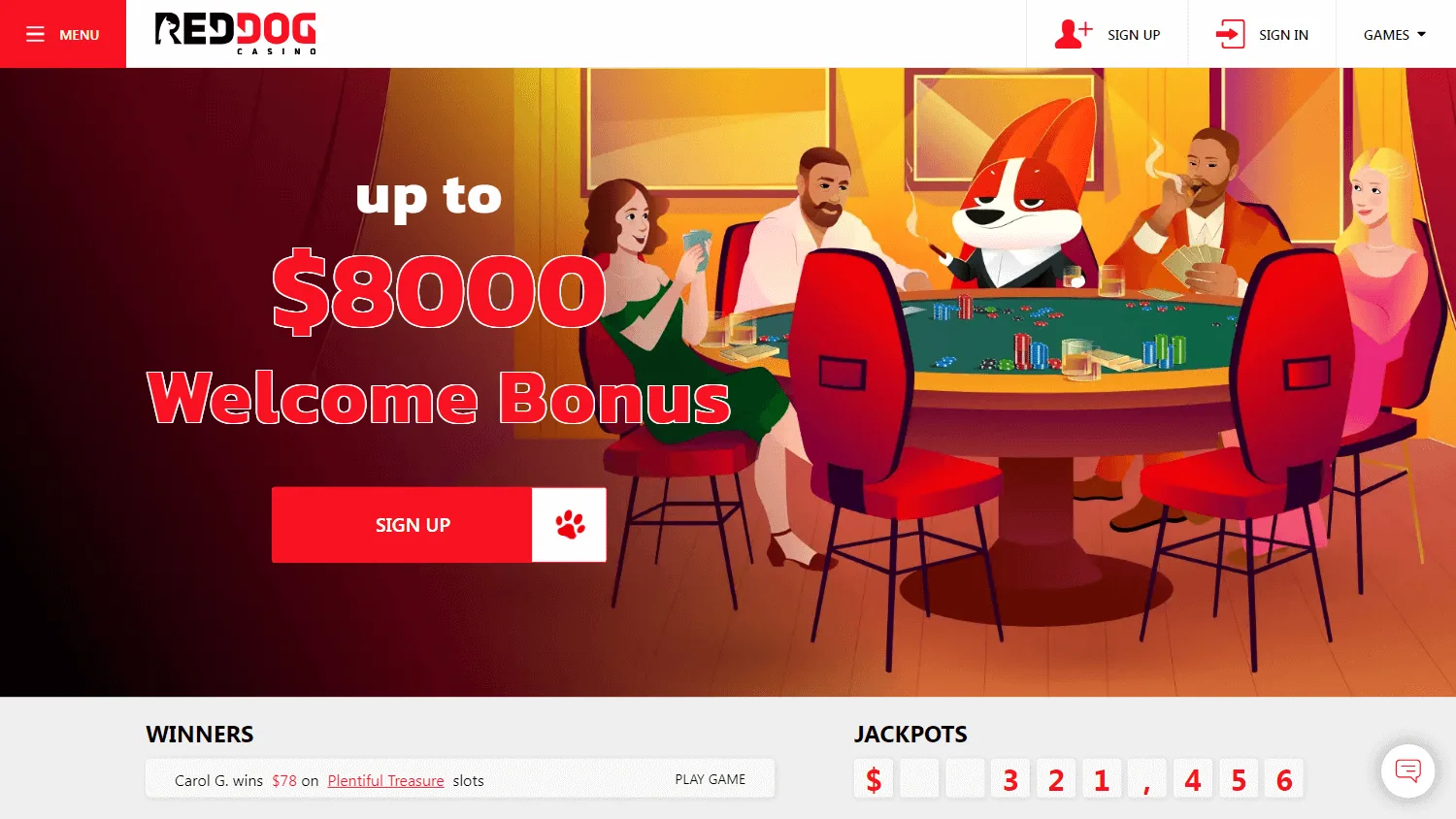 Red Dog Casino home screen on desktop